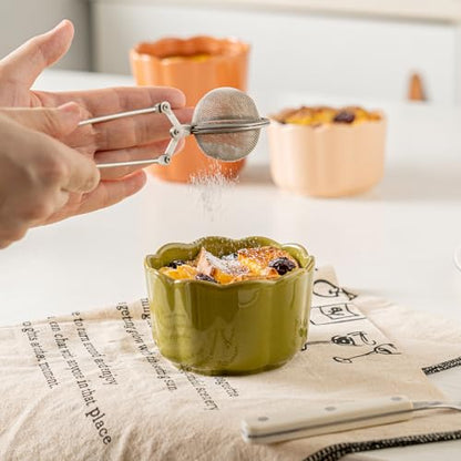 Krokori 6-Piece 6 Oz Scallop Ceramic Ramekins Set - Porcelain Baking Bowls with Elegant Scallop Rim for Creme Brulee, Souffle, Pudding, Ice Cream & Dipping, Oven-Safe, Durable & Space-Saving, Moss Green