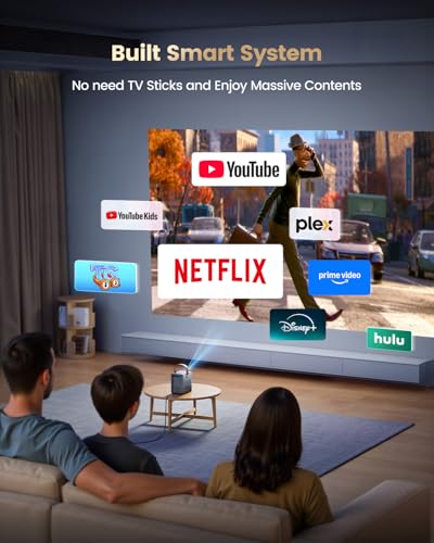 4K Portable Smart Projector with WiFi and Bluetooth [Compatible with Netflix & Dolby Audio], Mini Outdoor Movie Projector with Native 1080P, Auto Keystone & Electric Focus for Home Theater, Bedroom