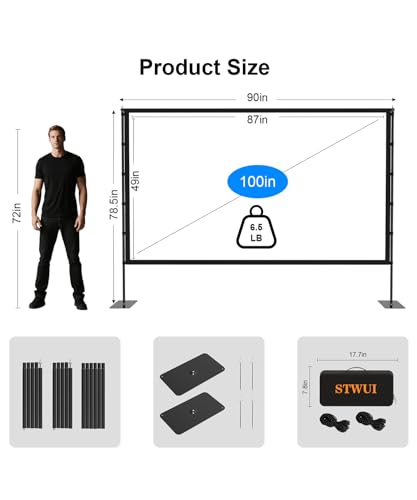 STWUI Projector Screen with Stand - 100 Inch Outdoor Projector Screen Portable Projector Screens 16:9 4K HD Outdoor Movie Screen with Carry Bag Can Enioy Home Theater Projection Screen