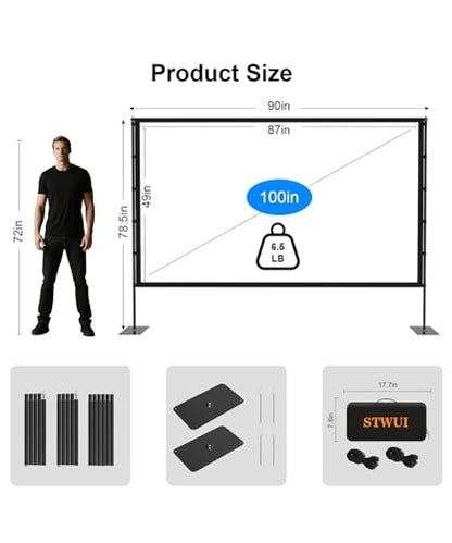 STWUI Projector Screen with Stand - 100 Inch Outdoor Projector Screen Portable Projector Screens 16:9 4K HD Outdoor Movie Screen with Carry Bag Can Enioy Home Theater Projection Screen