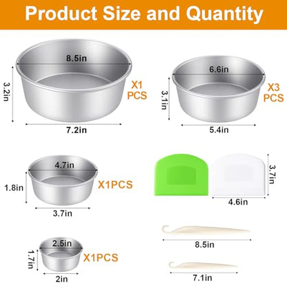 Mity rain 6 Pcs Round Cake Pan, Nonstick Aluminum Baking Pans Set of 2, 4, 6, 8 Inch Leakproof Circle Springform Pan with Removable Bottom Scrapers Demolding Knives for Cheese Pizza Home Party