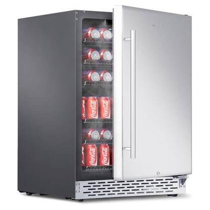 Phiestina Beverage Refrigerator 24Inch, 175 Cans Indoor/Outdoor Undercounter Beverage Cooler Refrigerator Stainless Steel Beer Fridge with Safety Lock Built-in/Freestanding-Silver Foam Door