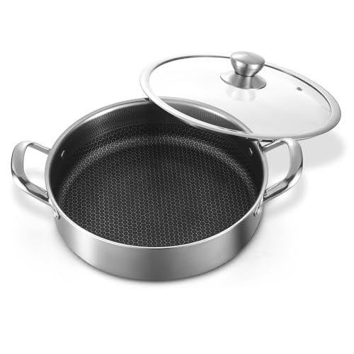 Toutrop Stainless Steel Saute Pan 12 inch Deep Frying Pan,5 Quarts Nonstick Skillet Large Sauté Pan with Lid,PFOA Free Cookware,Induction Compatible Chef Cooking Pan,Dishwasher & Oven Safe