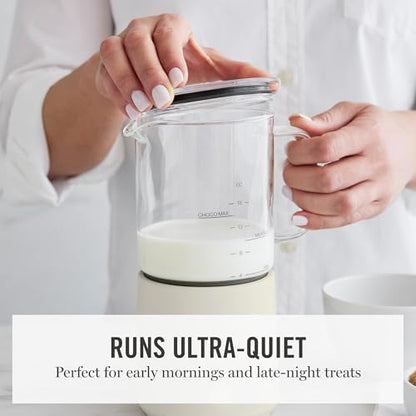 Martha Stewart Milk Frother and Steamer, 10oz/300ml Glass Cup, 4 Presets (Cold Foam, Light, Dense & Hot Chocolate), Ready in 90 Seconds, Cordless Pouring, One-Touch for Hot and Cold Milk, Linen Cream