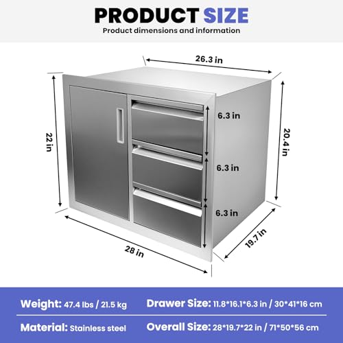 28"×19.7"×22" Outdoor Kitchen Cabinets, 304 Stainless Steel Cabinet, No Assembly Flush Mount Outdoor Kitchen Drawers Combo with Silent Triple Drawers & Access Door for BBQ Island Indoor Kitchen
