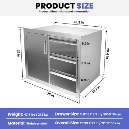 28"×19.7"×22" Outdoor Kitchen Cabinets, 304 Stainless Steel Cabinet, No Assembly Flush Mount Outdoor Kitchen Drawers Combo with Silent Triple Drawers & Access Door for BBQ Island Indoor Kitchen