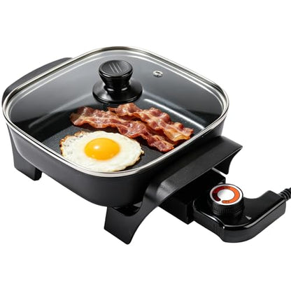 I-Keukenn 8" Electric Skillet with PFAS-Free Non-Stick Ceramic Coating, Removable Electric Frying Pan with Adjustable Temperature, Reversible Design, Tempered Glass Lid, Black