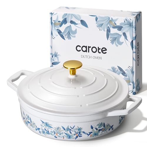 CAROTE 3.5QT Shallow Dutch Oven, Enameled Flora Cast Iron Braiser Pan Casserole Skillets with Lid, Versatile Heavy-Duty Cookware for Sourdough Bread Baking, Braising, Stews, Roasting, All Stovetop Compatible, Oven Safe up to 500° F, White & Blue