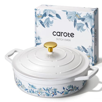 CAROTE 3.5QT Shallow Dutch Oven, Enameled Flora Cast Iron Braiser Pan Casserole Skillets with Lid, Versatile Heavy-Duty Cookware for Sourdough Bread Baking, Braising, Stews, Roasting, All Stovetop Compatible, Oven Safe up to 500° F, White & Blue