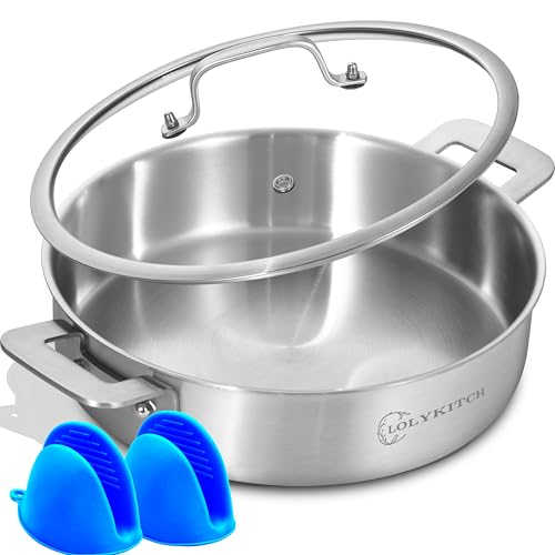 LOLYKITCH Sauté Pan, 6QT Tri-Ply Stainless Steel Deep Cooking Pan, 12 Inch Everyday Pan with Lid, Large Induction Frying Skillet Compatible with All Cooktops, Two Ergonomic Handles for Conversion