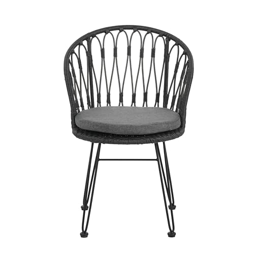 Christopher Knight Home Tavon Acacia Wood Patio Dining Set for 6, Rectangular Patio Dining Table and Faux Rattan Chairs Set of 6, 7 Piece Outdoor Dining Set with Cushion and Iron Frame, Teak+Gray