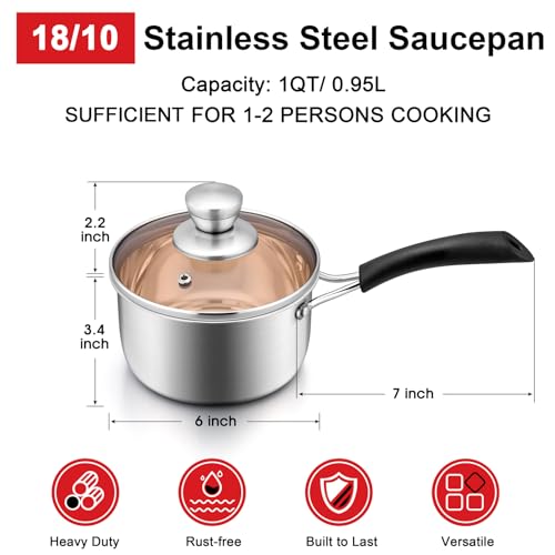 1 Quarts 18/10 Stainless Steel Saucepan, Joyfair Small Sauce Pan Milk Pot with Glass Lid for Cooking Stewing Boiling Spaghetti Soup, Extra Pan Wall & Heat-proof Bakelite Handle, Dishwasher Safe