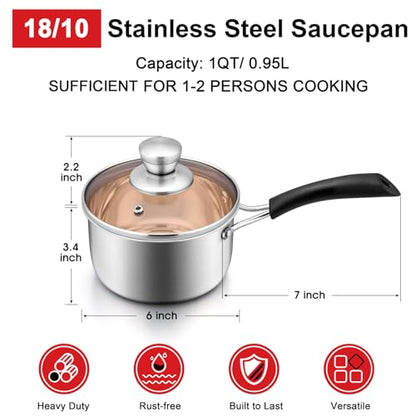 1 Quarts 18/10 Stainless Steel Saucepan, Joyfair Small Sauce Pan Milk Pot with Glass Lid for Cooking Stewing Boiling Spaghetti Soup, Extra Pan Wall & Heat-proof Bakelite Handle, Dishwasher Safe