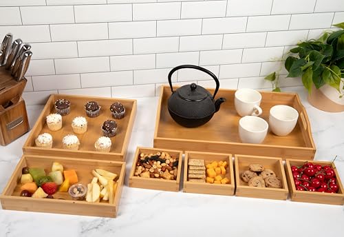 MAPLE MILL - Wooden Tray with Handle - Set of 7 Bamboo Trays for Serving Food - for Breakfast in Bedroom, at Dinner or Coffee Table - Decorative Bamboo Tray