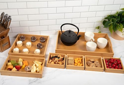 MAPLE MILL - Wooden Tray with Handle - Set of 7 Bamboo Trays for Serving Food - for Breakfast in Bedroom, at Dinner or Coffee Table - Decorative Bamboo Tray