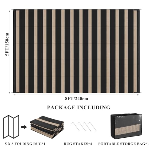 Vaukki Waterproof Outdoor Rug 5x8, Reversible Striped Patio Rug, Lightweight Plastic Straw Camping Mat, Indoor Outdoor RV Carpet for Outsides, Patio, Camping, Balcony, RV and Deck, Black and Beige