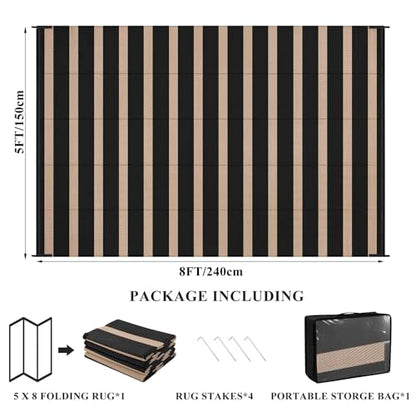 Vaukki Waterproof Outdoor Rug 5x8, Reversible Striped Patio Rug, Lightweight Plastic Straw Camping Mat, Indoor Outdoor RV Carpet for Outsides, Patio, Camping, Balcony, RV and Deck, Black and Beige