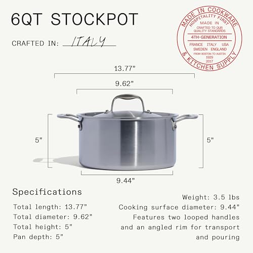 Made In Cookware | 6 Quart Stainless Steel Stock Pot With Lid | 5 Ply Stainless Clad | Professional Cookware | Crafted in Italy | Induction Compatible
