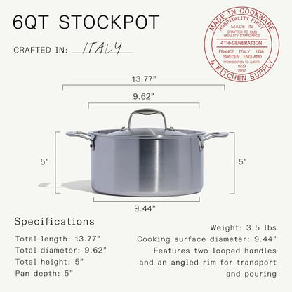 Made In Cookware | 6 Quart Stainless Steel Stock Pot With Lid | 5 Ply Stainless Clad | Professional Cookware | Crafted in Italy | Induction Compatible