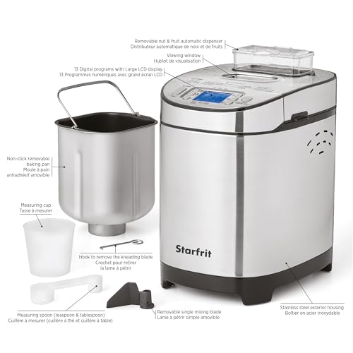 Starfrit Electric Bread Maker - 2lb Loafs - Non-Stick Removable Pan - Automatic Nut Dispenser - 13 Preset Programs - 550W