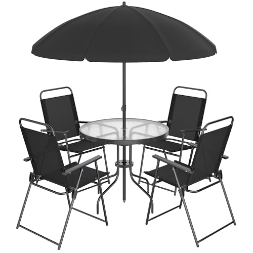 Shintenchi 6 Piece Patio Dining Set with Umbrella, Outdoor Furniture Set with 4 Folding Chairs and Tempered Glass Top Dining Table for Lawn Backyard Garden Porch, Black