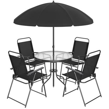 Shintenchi 6 Piece Patio Dining Set with Umbrella, Outdoor Furniture Set with 4 Folding Chairs and Tempered Glass Top Dining Table for Lawn Backyard Garden Porch, Black