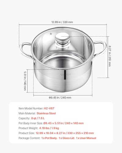VEVOR Stainless Steel Stock Pot, 8QT Stainless Steel Stockpot with Glass Lid, PFOA-Free, PFAS-Free, Compatible with Gas Stoves, Induction Cooktops, Electric Stoves, for Soups, Stews, and Pasta