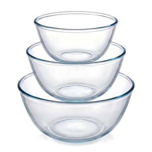 BECFISH Borosilicate Glass Mixing Bowls, Set of 3 (2.8, 2.2, 1.1QT) - Heavy-Duty, Scratch Resistant & Lead-Free. Oven, Microwave, Dishwasher & Freezer Safe. Ideal for Meal Prep, Baking, Serving.