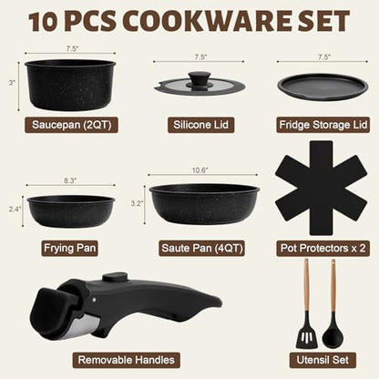 Numola 10 pcs Pots and Pan Set Non Stick with Detachable Handle, Ceramic Cookware Set for Stackable, Induction Kitchen Cookware Set for RV, Dishwasher ＆ Oven Safe, Black
