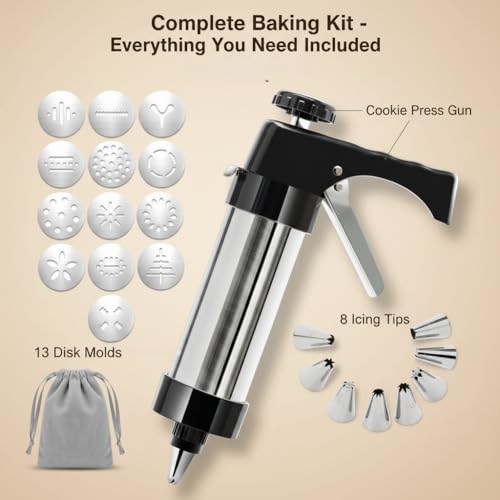 Stainless Steel Cookie Press Gun Kit with 13 Cookie Discs & 8 Piping Tips, Includes Storage Bag for DIY Holiday & Everyday Baking,Essential Baking Supplies