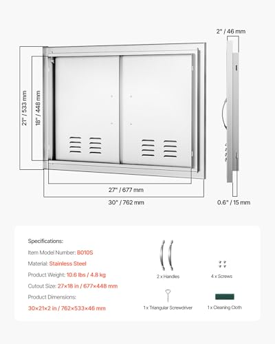 VEVOR Outdoor Kitchen Doors, 30W x 21H Inch, 304 Stainless Steel Double Doors with Vents, BBQ Access Door with 2 Detachable Handles and 6 Hooks, for BBQ Island