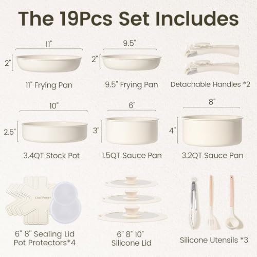 Chef Power Ceramic Cookware Set Non Toxic with Detachable Handles, Healthy Nonstick Pans and Pots Set 19 Pcs, Induction Dishwasher Oven Safe Kitchen Set, PFAS PFOA & PTFE Free, Cream White