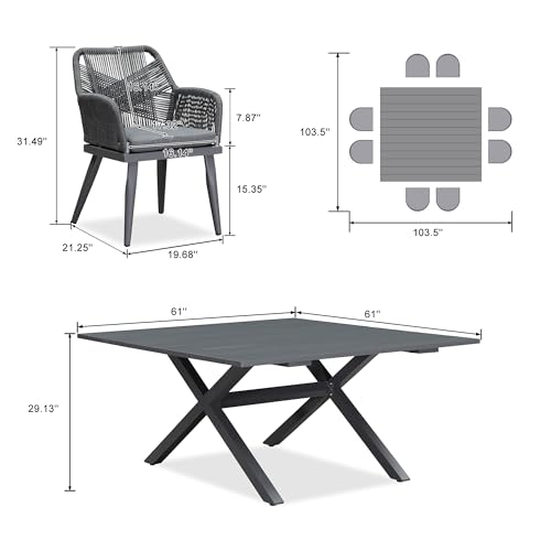 PURPLE LEAF 9 Pieces Outdoor Dining Set All-Weather PE Rattan Outdoor Patio Furniture Set with All Aluminum Frame Square Table and Chairs Set for Lawn Garden Backyard Deck, Grey