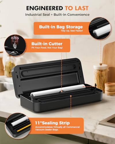 UPRUBE Vacuum Sealer for Food, 95kPa Food Saver Machine, 135W Fast-Sealing with Easy Tear Cutter, Built-in Bag Storage, 9-in-1 Compact with 10 ft Bag Roll