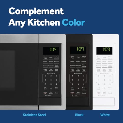 GE Countertop Microwave Oven, Compact 0.9 Cubic Ft., 900-watt Capacity, 7 Auto Cooking Settings, Child-Lock Technology, Kitchen Essentials for The Countertop, Dorm Room or Apartment, Stainless Steel