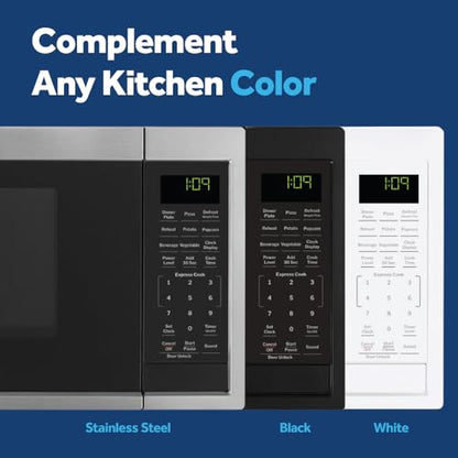 GE Countertop Microwave Oven, Compact 0.9 Cubic Ft., 900-watt Capacity, 7 Auto Cooking Settings, Child-Lock Technology, Kitchen Essentials for The Countertop, Dorm Room or Apartment, White