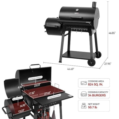 Grills House CC1831F Barrel Charcoal Grill with Offset Smoker Black
