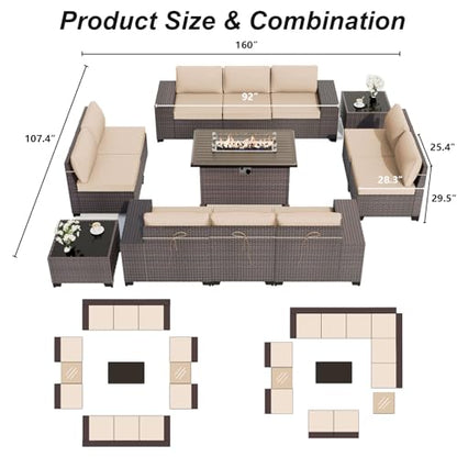 ALAULM 13 Pieces Patio Furniture Set with Propane Fire Pit Table Patio Sectional Sofa 43" Gas Fire Pit Brown PE Rattan Patio Conversation Set w/10 Seat Cushions-Sand