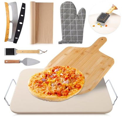ZONZEST 8 PCS Pizza Stone Set, Extra Large 15×12 Inch Pizza Stone for Grill, Rectangle Baking Sone With Pizza Kit for Pizza, Bread, BBQ Grilling, Pizza Peel Set