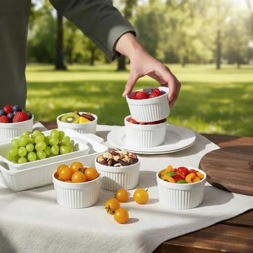Ceramic Ramekins 6 Oz White Set of 6 | Oven, Microwave & Dishwasher Safe Porcelain Souffle and Creme Brulee Cups for Custard, Pudding, Dips & Individual Desserts, Thick Wall Heat Resistant Construction