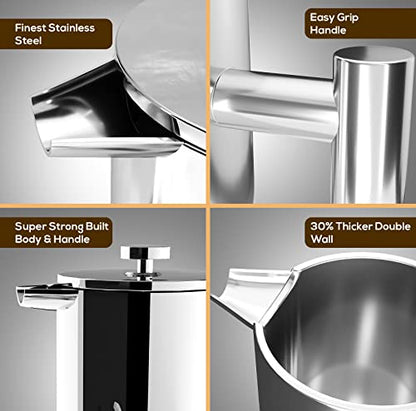 Utopia Kitchen 304 Grade Stainless Steel French Press Coffee Maker 34 Oz, Double Wall Insulated Coffee Press with 4-Level Filtration System, Include 2 Extra Filters, Rust-Free, Dishwasher Safe, Silver