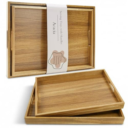 Serving Tray with Handles, Acacia Wood Serving Platters, Set of 2 Rustic Decorative Storage Tray for Coffee Table, Party, Ottoman, Kitchen, Bedroom, Bathroom, Ideal Housewarming Gift