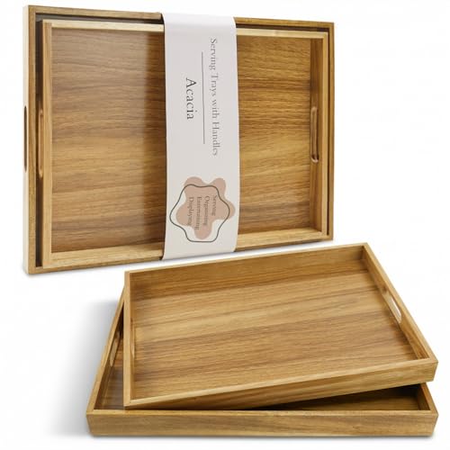 Serving Tray with Handles, Acacia Wood Serving Platters, Set of 2 Rustic Decorative Storage Tray for Coffee Table, Party, Ottoman, Kitchen, Bedroom, Bathroom, Ideal Housewarming Gift