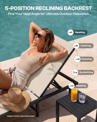 Oasbira Pool Lounge Chairs Set of 2, Aluminum Outdoor Lounge Chair with Wheels and 5-Position Recliner, Chaise Lounge Chair Outdoor for Poolside, Deck, Beach (Khaki)