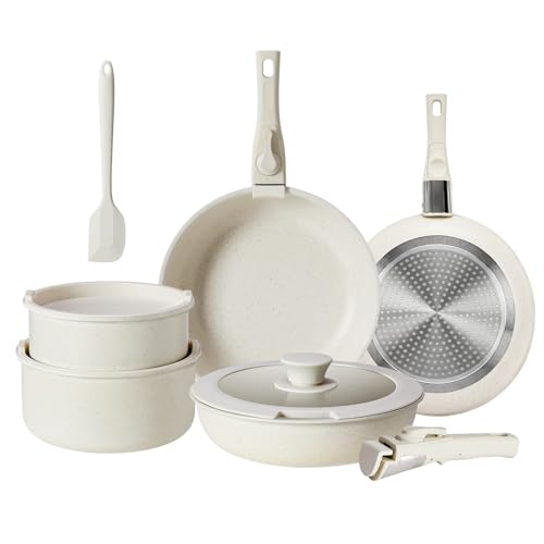DUMOS 12 Pcs Kitchen Pots and Pans Set, Nonstick Kitchen Cookware Set, Healthy Non-toxic Induction Cooking Sets with Detachable Handle, Oven Safe, Beige