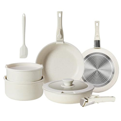 DUMOS 12 Pcs Kitchen Pots and Pans Set, Nonstick Kitchen Cookware Set, Healthy Non-toxic Induction Cooking Sets with Detachable Handle, Oven Safe, Beige