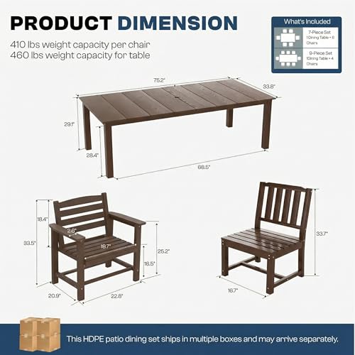 Patio Kingdom 9-Piece Outdoor Dining Set for 8, 75.2" HDPE Table with Umbrella Hole & 8 Chairs, All-Weather Patio Furniture for Lawn, Yard, Deck, or Poolside, Fade & Crack Resistant (Brown)
