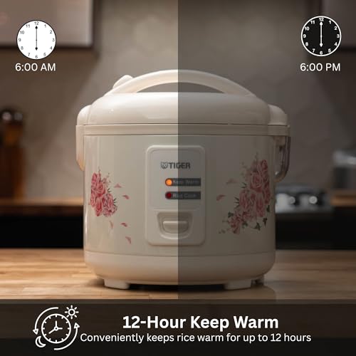 Tiger JAZ-A10U-LF 5.5 Cup Capacity White Rice Cooker with Non-Stick Inner Pot, Retractable Power Cord, and Keep Warm up to 12 hours (Flower)