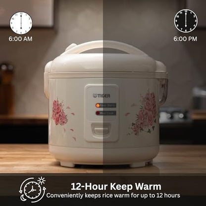Tiger JAZ-A10U-LF 5.5 Cup Capacity White Rice Cooker with Non-Stick Inner Pot, Retractable Power Cord, and Keep Warm up to 12 hours (Flower)