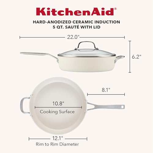 KitchenAid Hard Anodized Ceramic Induction Nonstick Cookware Saute Pan/Jumbo Cooker with Lid and Helper Handle, Dishwasher Safe, 5 Quart Sauteuse with Stainless Steel Handles - Porcelain White